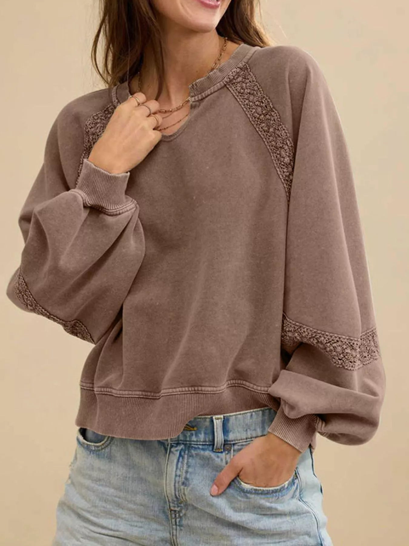 Lace Detail Notched Long Sleeve Sweatshirt Coffee Brown 64cdec22-5beb-480e-a492-0115b0359ca1-Max-Origin
