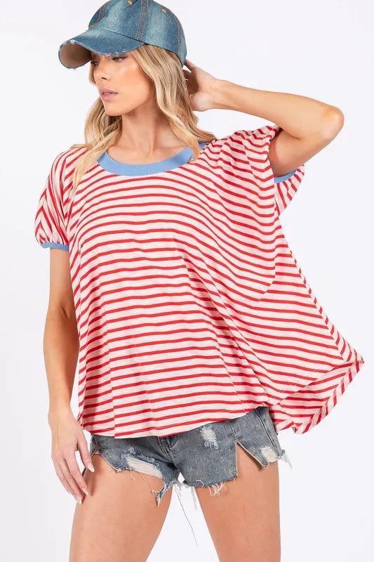 Ces Femme Striped Round Neck Short Sleeve T-Shirt Red 64d7c0c8-7269-4170-ad2e-736a06176032-Max