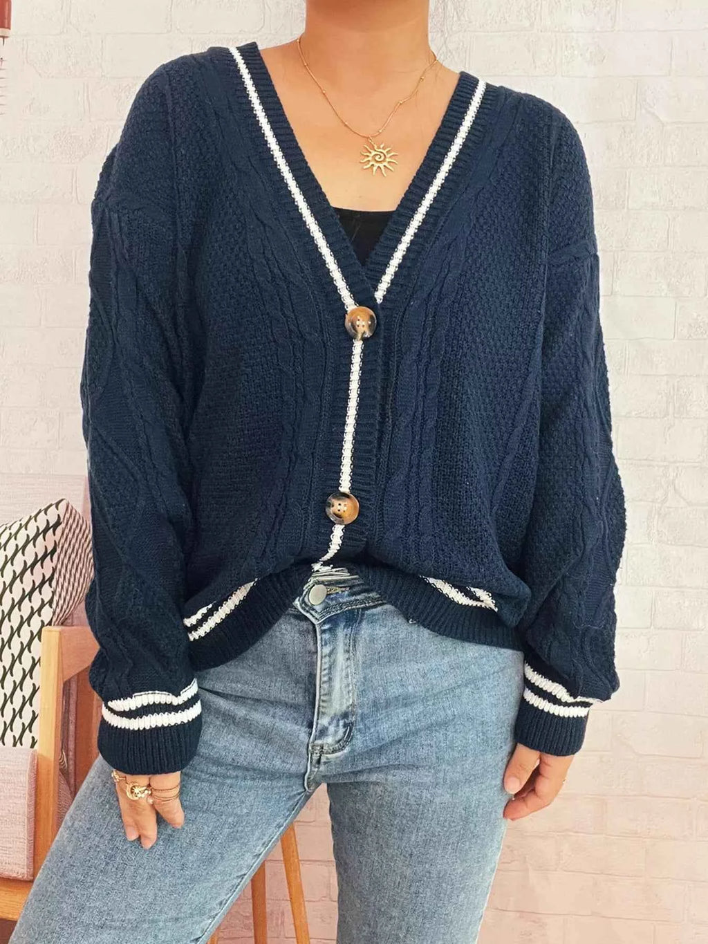 Star Pattern Button-Up Cardigan with Contrast Trim 64e3f652158e4b8da26f7b08d57ca17c-Max-Origin