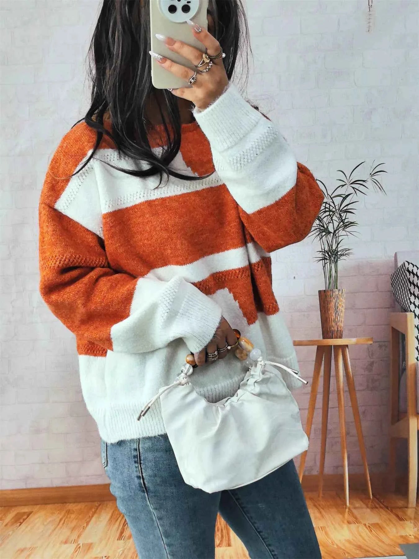Color Block Round Neck Sweater Orange One Size 64e70ebb98924dbb841d944344fd52df-Max-Origin