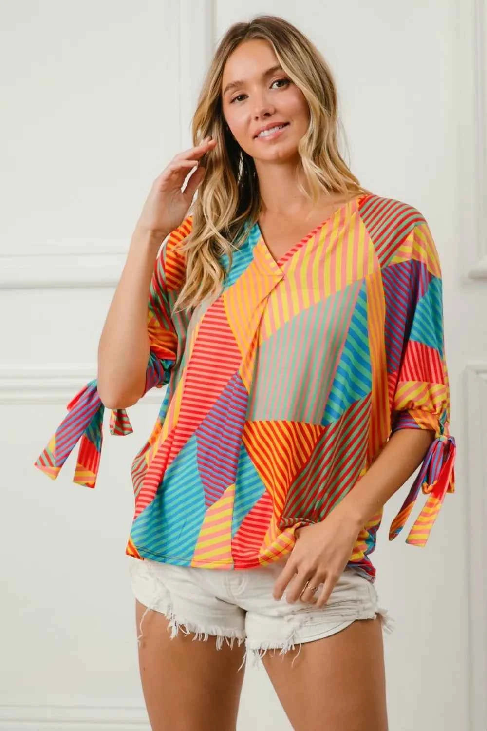BiBi Multi Stripe Block Printed Jersey Blouse with Tied Sleeves 64f64f934fb241079b4c6ed914d01f2f-Max-Origin