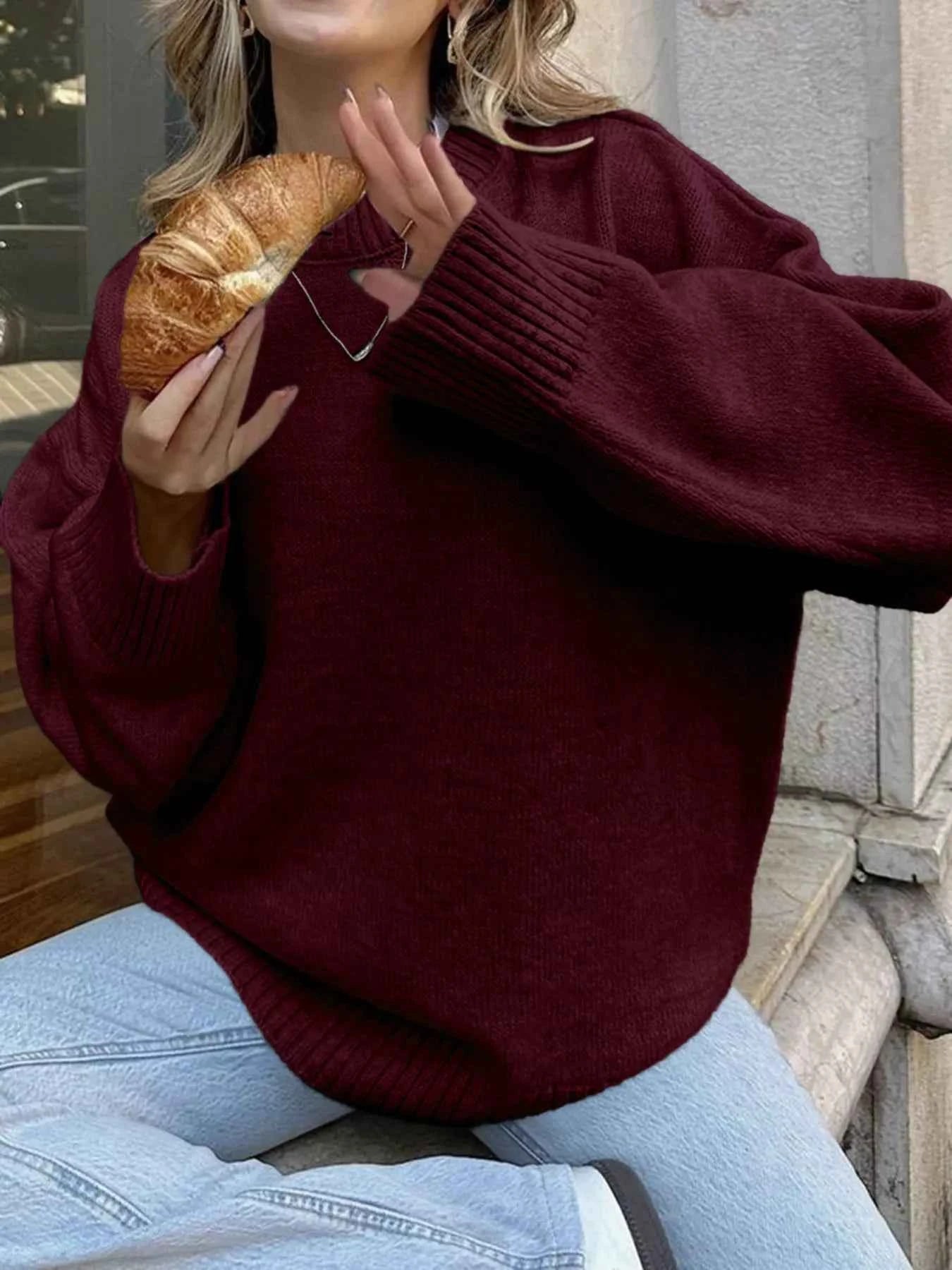 Ribbed Round Neck Dropped Shoulder Sweater Burgundy 6503bc882d5a4cef8178bc92ce5c1c00-Max-Origin