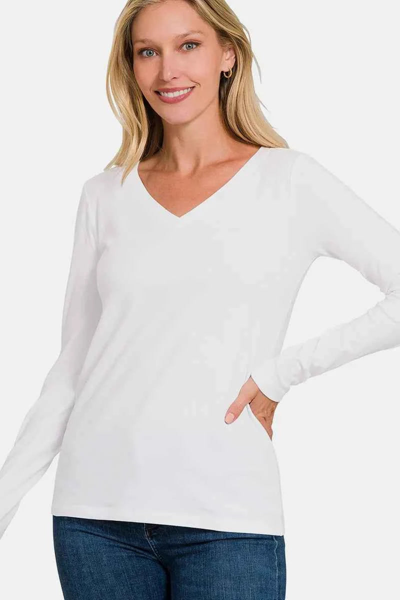 Zenana Full Size V-Neck Long Sleeve T-Shirt White 6520e217-10f3-4282-8d1c-b10b975cde9a-Max