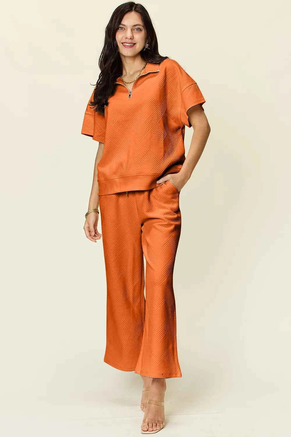 Double Take Full Size Texture Half Zip Short Sleeve Top and Pants Set Tangerine 652aa0a8-1180-467b-89e7-f87652a879d1-Max