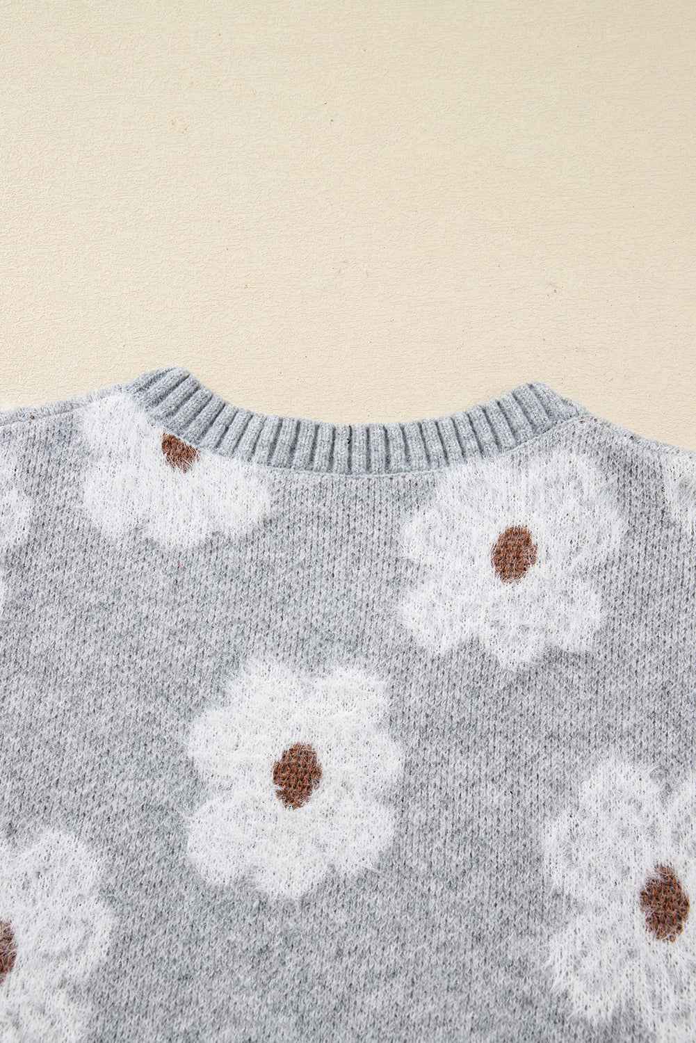 Gray Cute Flower Print V Neck Drop Shoulder Baggy Sweater 65418641a53a5d99