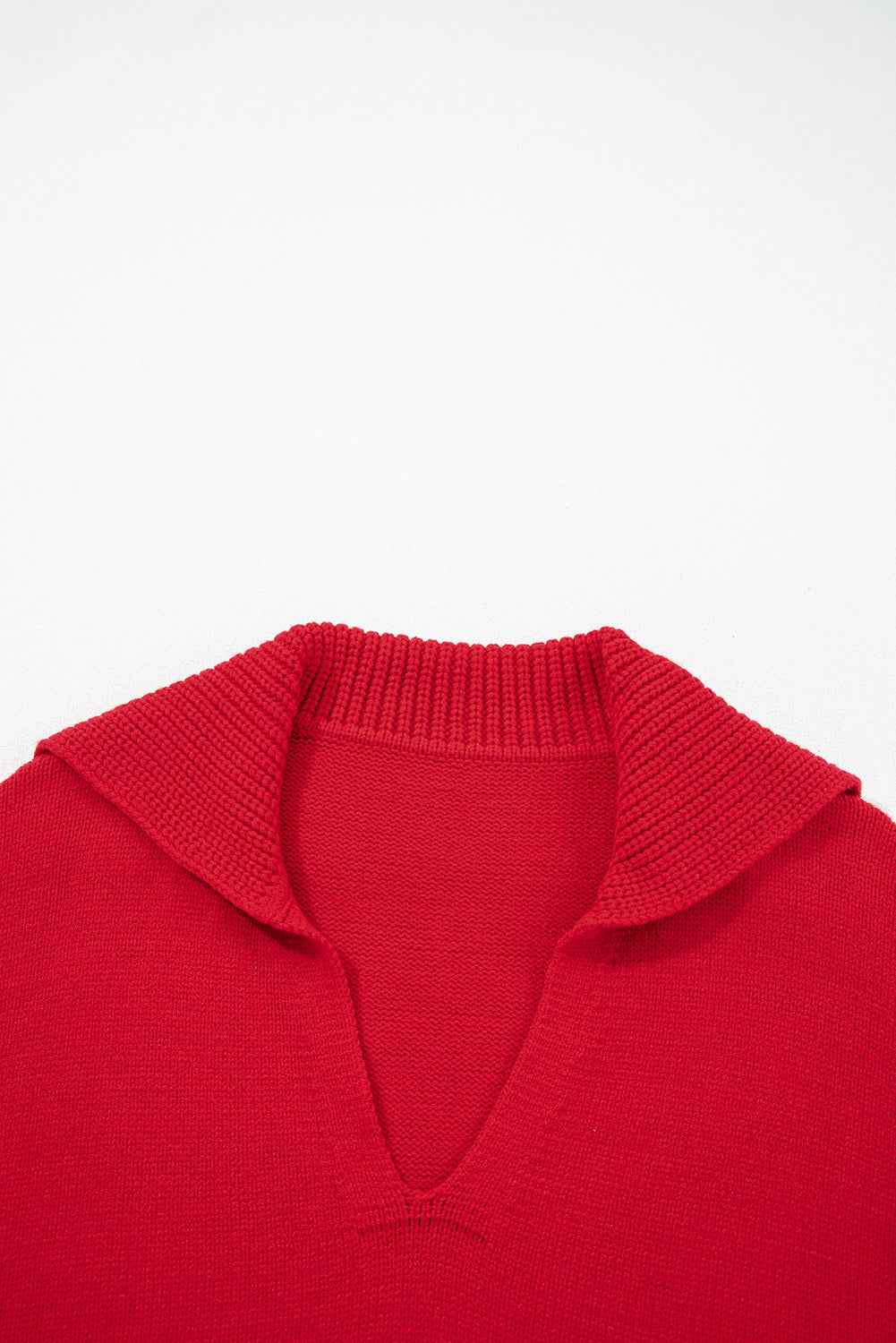 Racing Red Ribbed Edge Collared V Neck Loose Fit Sweater 6546fb813219f57e