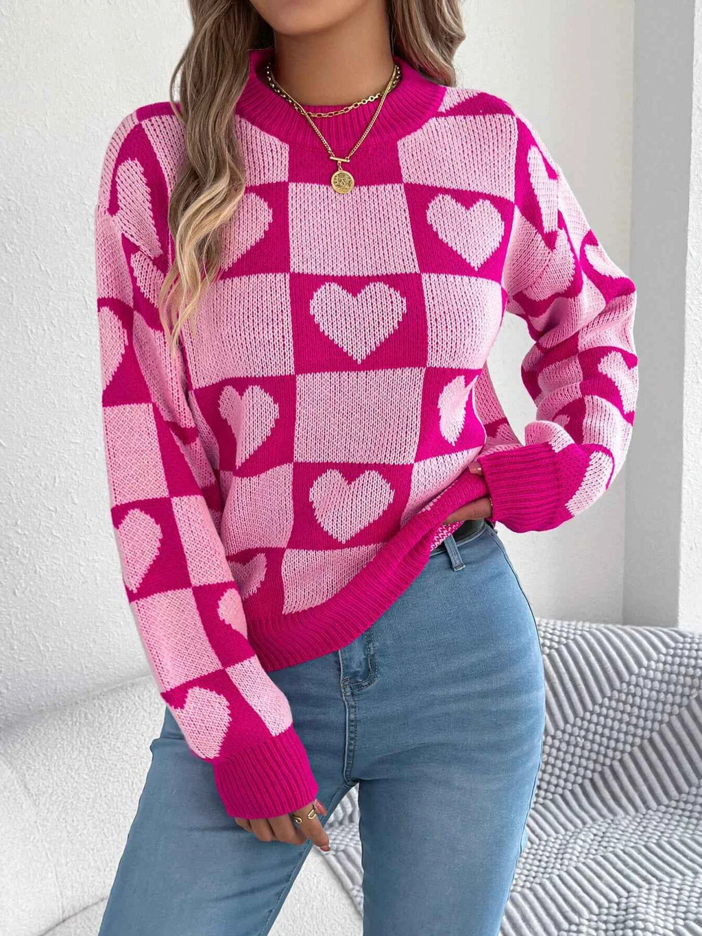 Heart Checkerboard Pattern Round Neck Sweater 65483f94602d440e980741e388be2be9-Max-Origin
