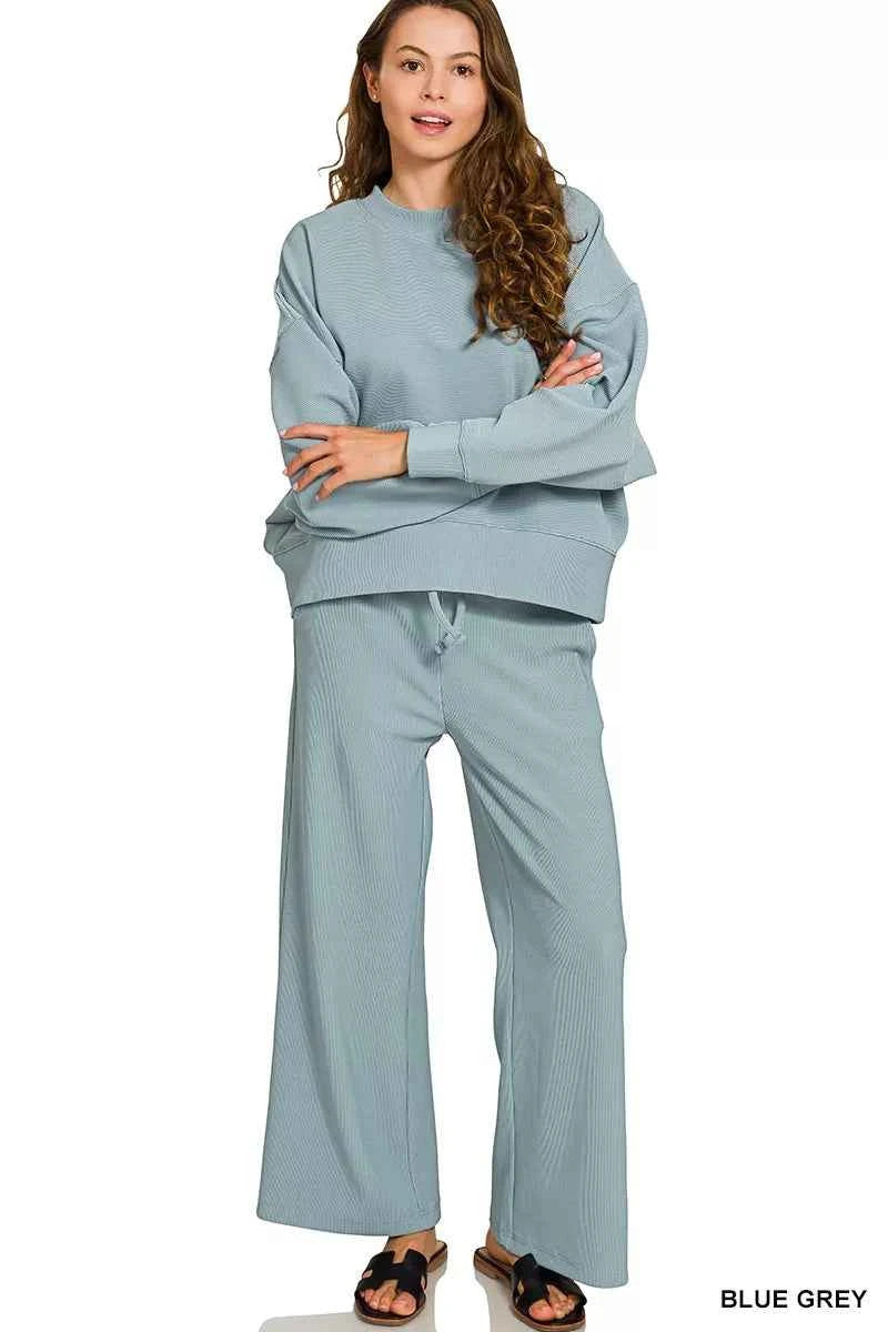 Zenana Ribbed Round Neck Pullover and Drawstring Pants Set BLUE GREY 6558eda4a5694af7be2422e15b1e3bc1-Max-Origin