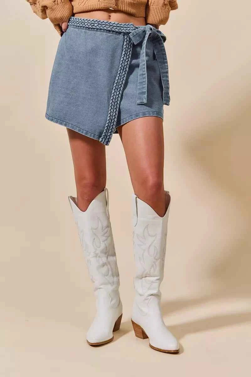 SO ME Wrap Braided Trimmed Denim Skort 655cbe867c094395b47b2067421e9e35-Max-Origin