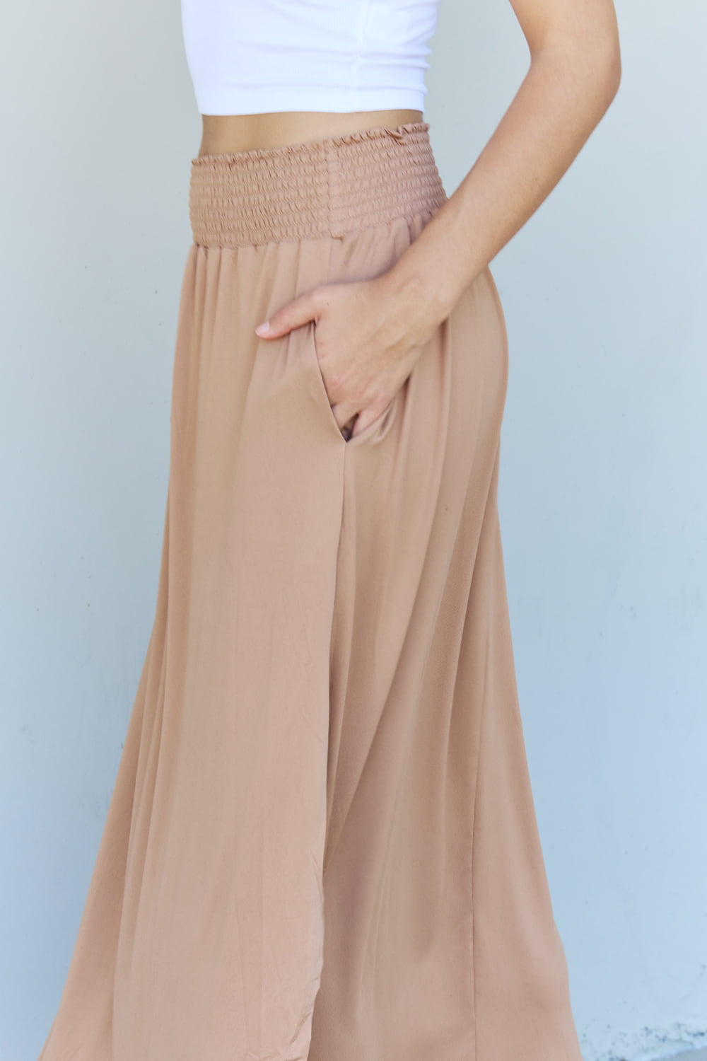 Doublju Comfort Princess Full Size High Waist Scoop Hem Maxi Skirt in Tan 656f9e31d58b44e5a2230ff2a61bc57b-Max