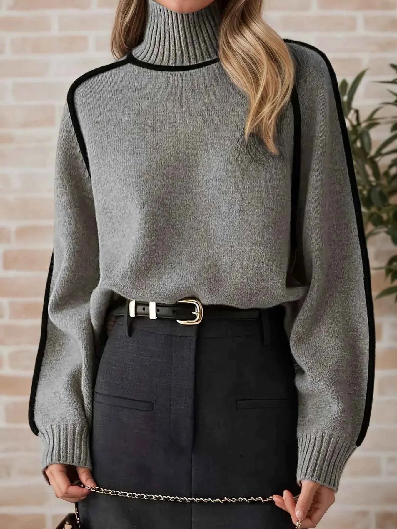Contrast Trim Turtleneck Sweater Gray 657043d4-2edc-4333-906a-70302f6168fe-Max-Origin