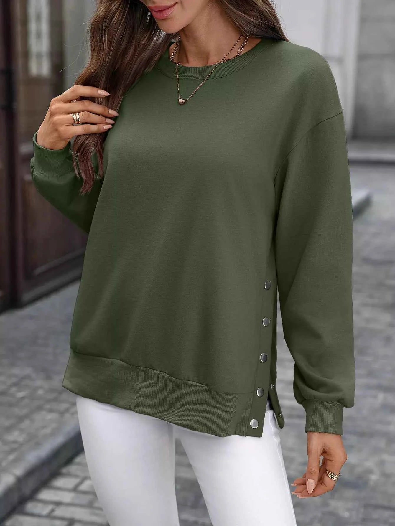 Side Snap Round Neck Sweatshirt Dark Green 65786e22-0ceb-4231-9d2e-c1191381a63a-Max-Origin