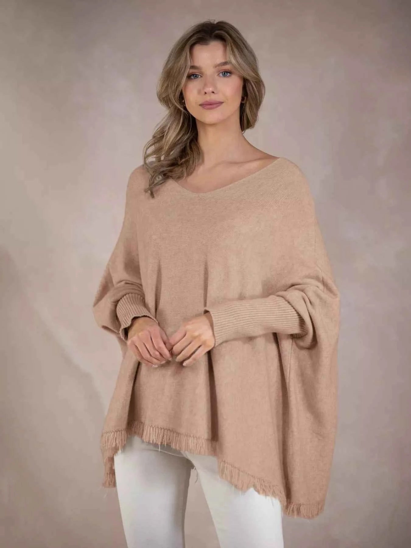 Raw Hem V-Neck Sweater Khaki One Size 6589af03-02fe-4cf4-9959-243ce9d9b8b6-Max-Origin