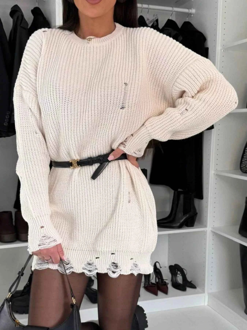 Distressed Round Neck Drop Shoulder Sweater Dress 6594b7a6-3ecb-4f9f-9ab7-976b938cbf70-Max-Origin