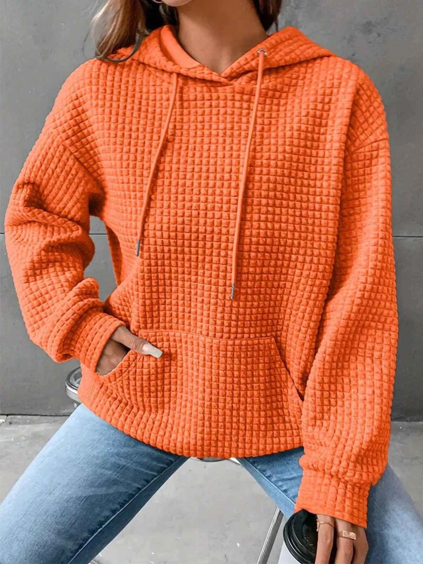 Waffle Knit Drawstring Long Sleeve Hoodie Orange 65a5e112-9027-45cb-8cfb-e9c9a4726504-Max-Origin