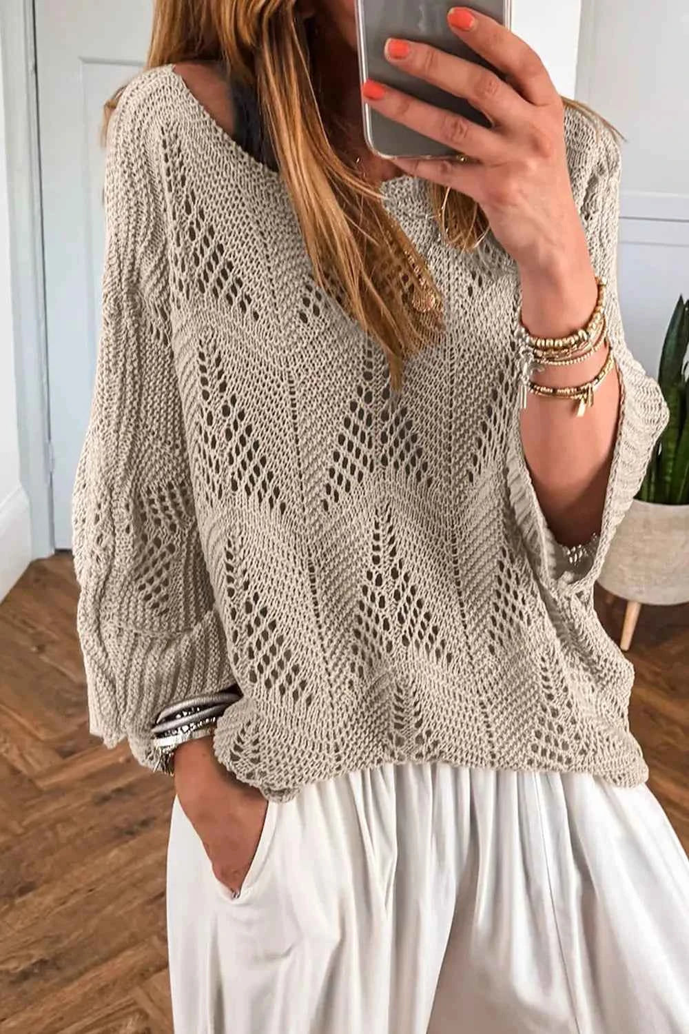 Openwork Round Neck Knit Top Beige 65b99523-ce51-4208-9dc8-d84a3c402b30-Max-Origin