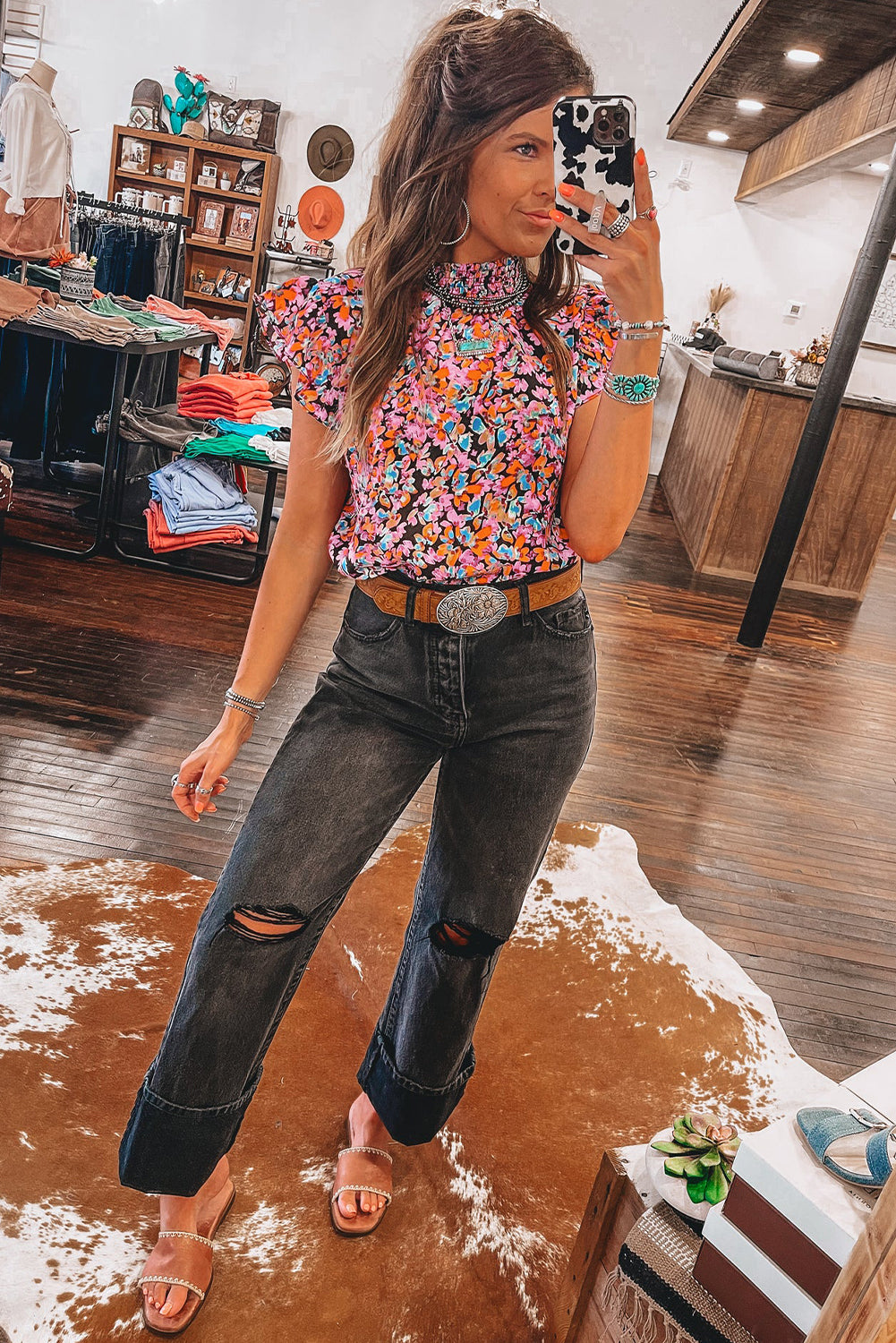 Orange Floral Print Shirred Stand Neck Flutter Shoulder Blouse 65b9eb3da9055c08