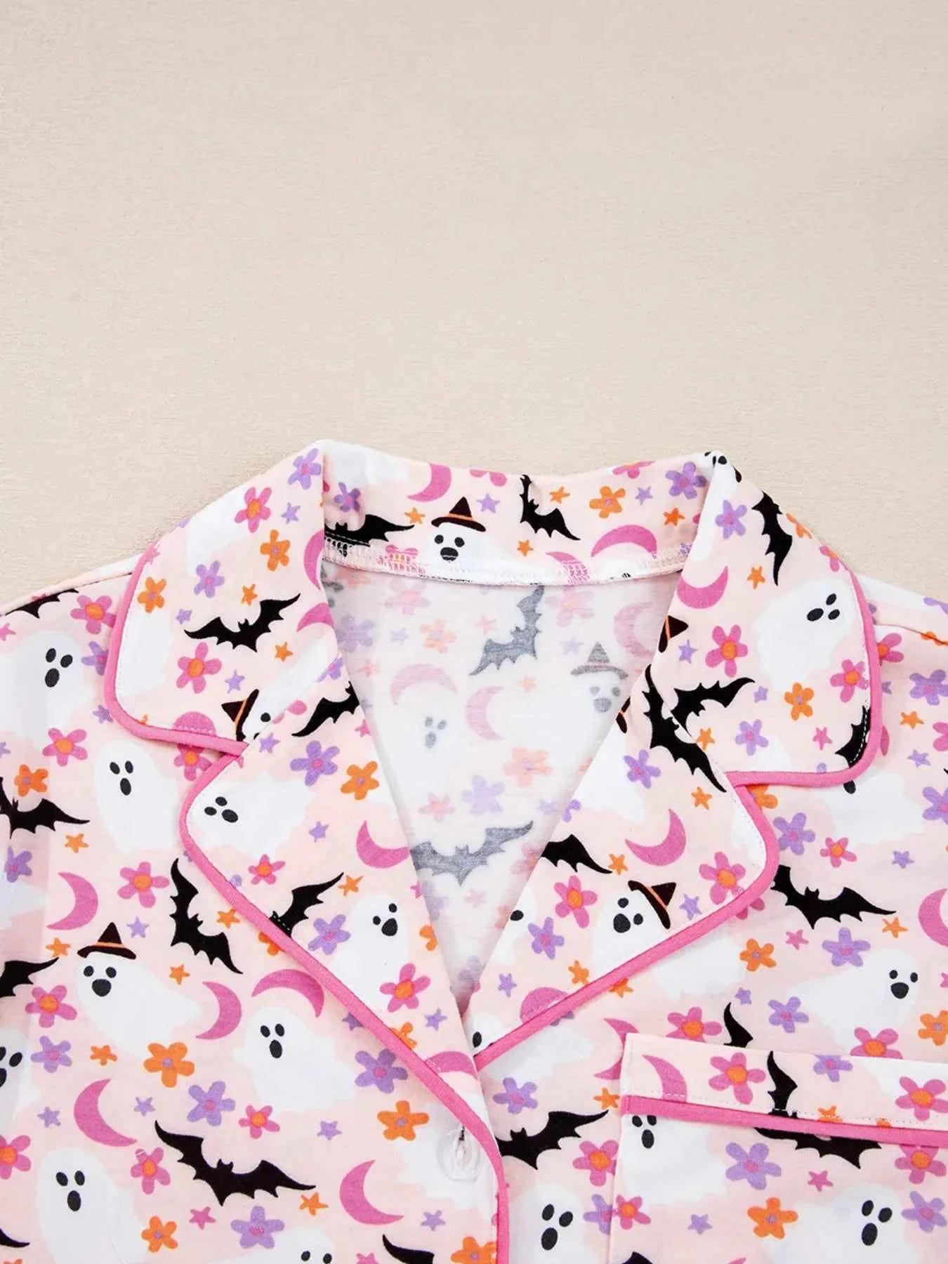 Halloween Ghost Print Button Up Top and Pants Lounge Set 65dc48072803413cb56bd0ea87b16c87-Max-Origin