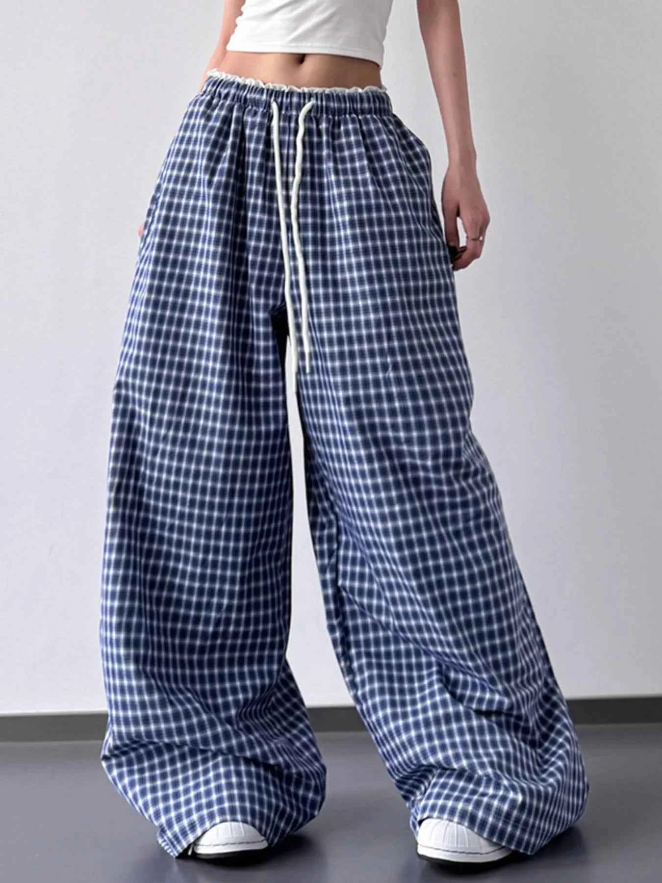 Drawstring Plaid Wide Leg Pants 65dfed21-4b24-43a0-8e41-b28c133078bc-Max-Origin