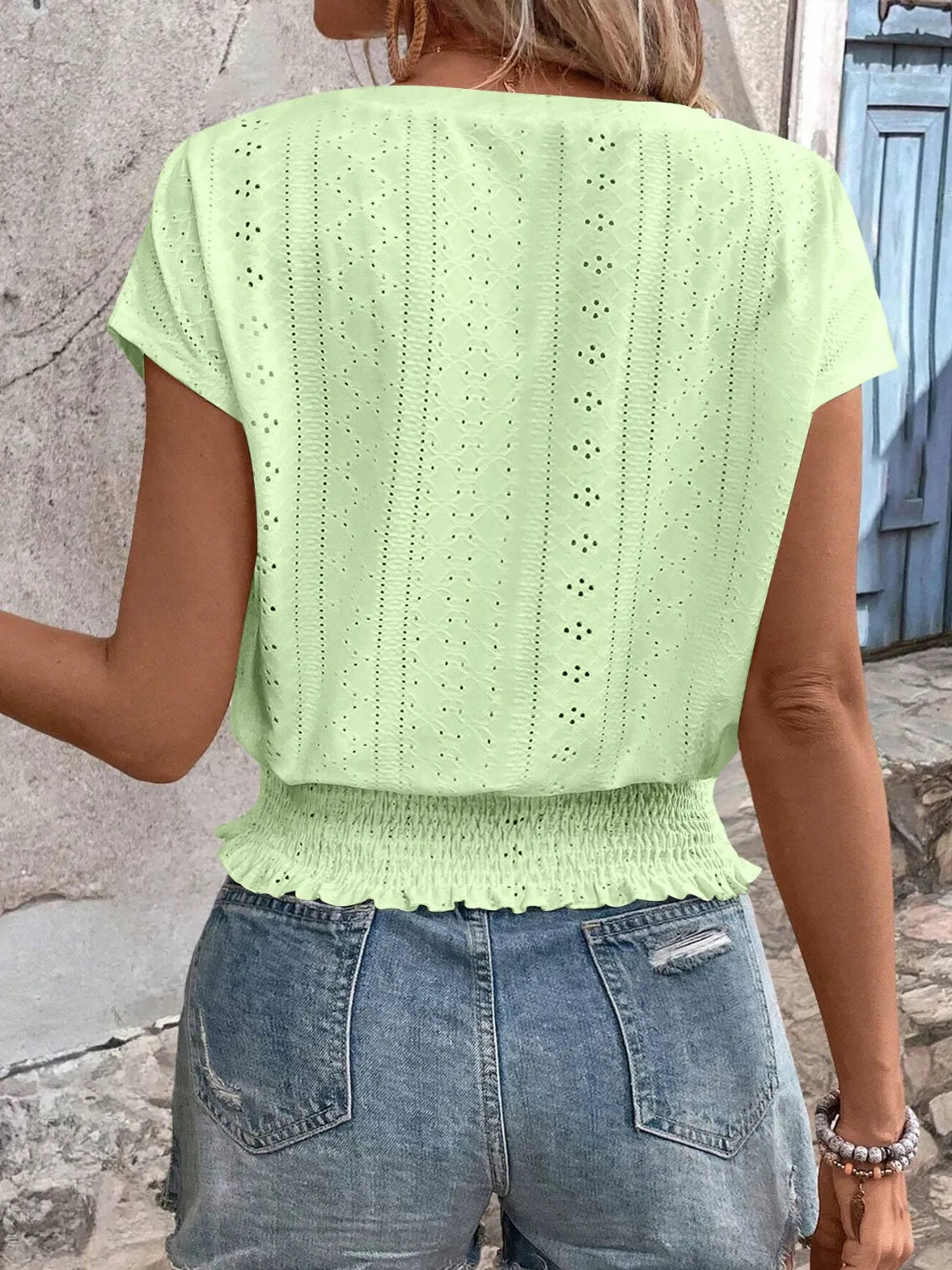 Eyelet V-Neck Short Sleeve Blouse 65e1854c-1d4e-49a1-a1b8-e794aaccc8cf-Max-Origin
