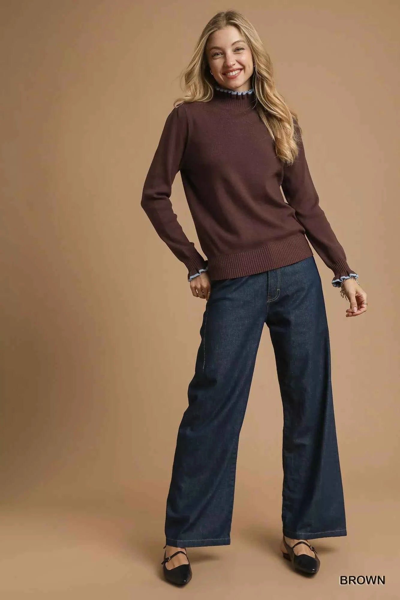 Umgee Ribbed Round Neck Sweater with Ruffle Contrast Trim 65ed3988-4270-4de1-a303-5f06510f7cdd-Max-Origin