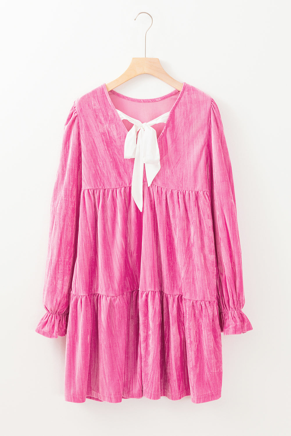 Strawberry Pink Flounce Sleeve Tiered Ruffled Velvet Mini Dress 6601afa07b68dad6