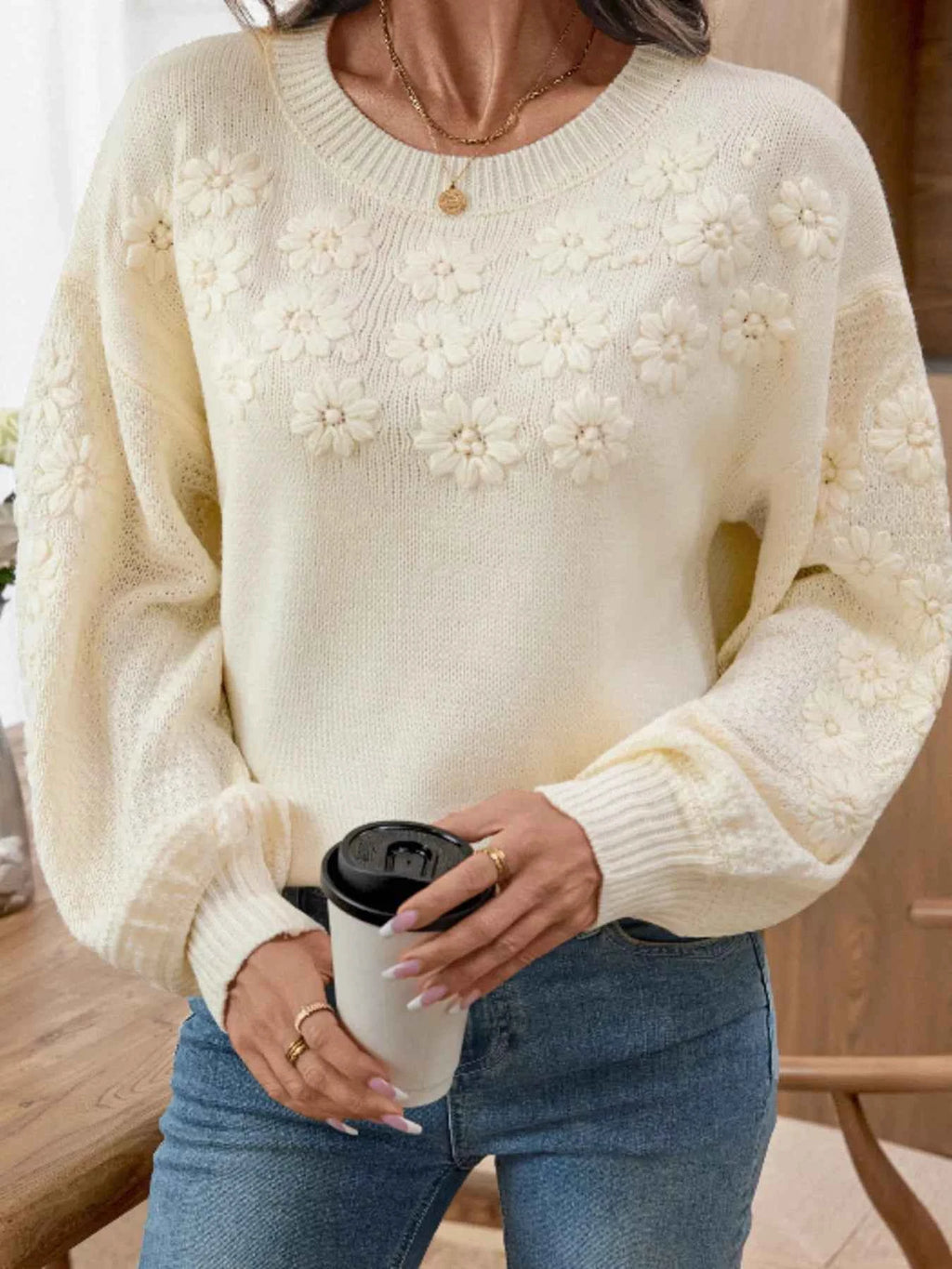 Flower Round Neck Long Sleeve Sweater Cream 66067c1661be430a8e042a1b5c8c8e4f-Max-Origin