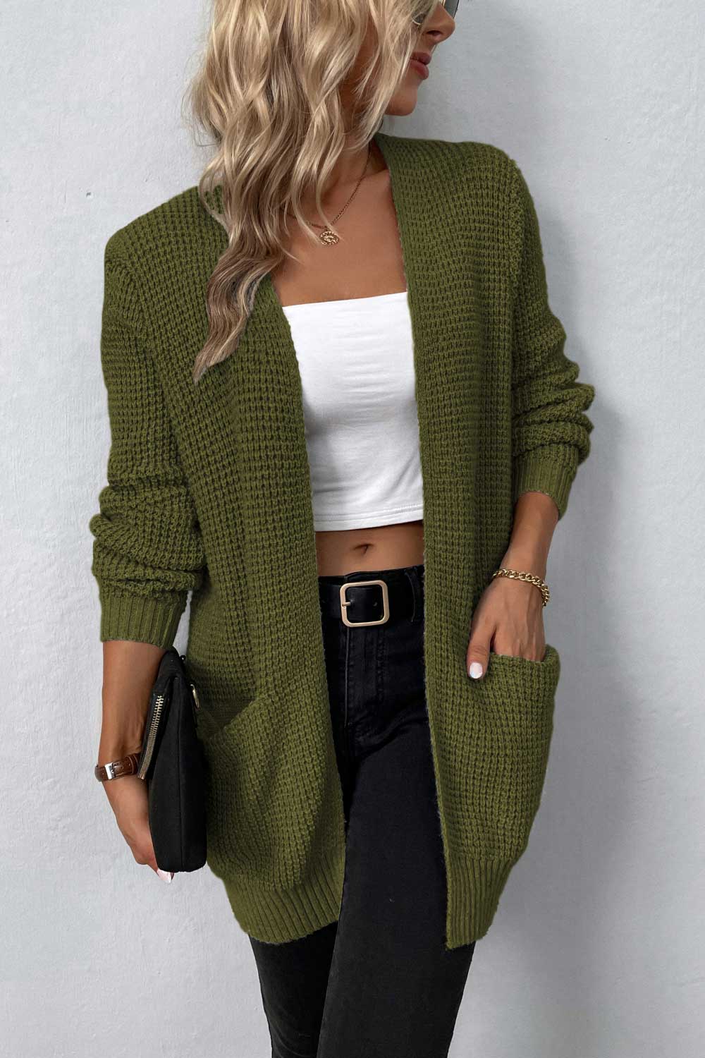 Rib-Knit Open Front Pocketed Cardigan Matcha Green 660bebb51b2f45ab98edea2f16e77bd2-Max