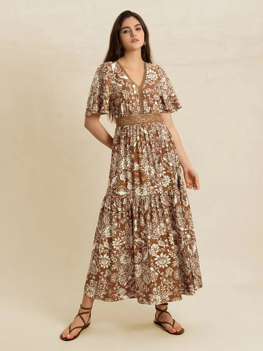 Lace Detail Printed Short Sleeve Midi Dress 66164b8f-c6c4-4626-818f-6f695d7f6ca0-Max-Origin