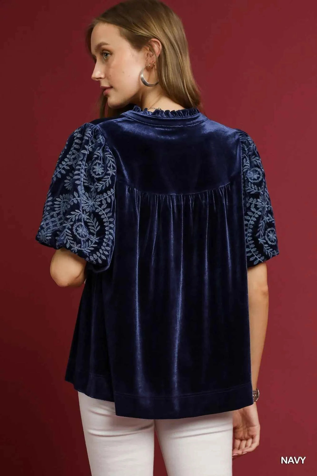 Umgee Full Size Velvet Embroidered Sleeve Blouse Plus Size 661e555d-9830-4c96-9d74-b8c6544dccda-Max-Origin