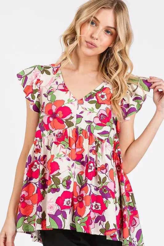 Mittoshop Floral V-Neck Ruffled Cap Sleeve Blouse 6639e75a-cc90-4d45-a1be-7d6e2930bef8-Max