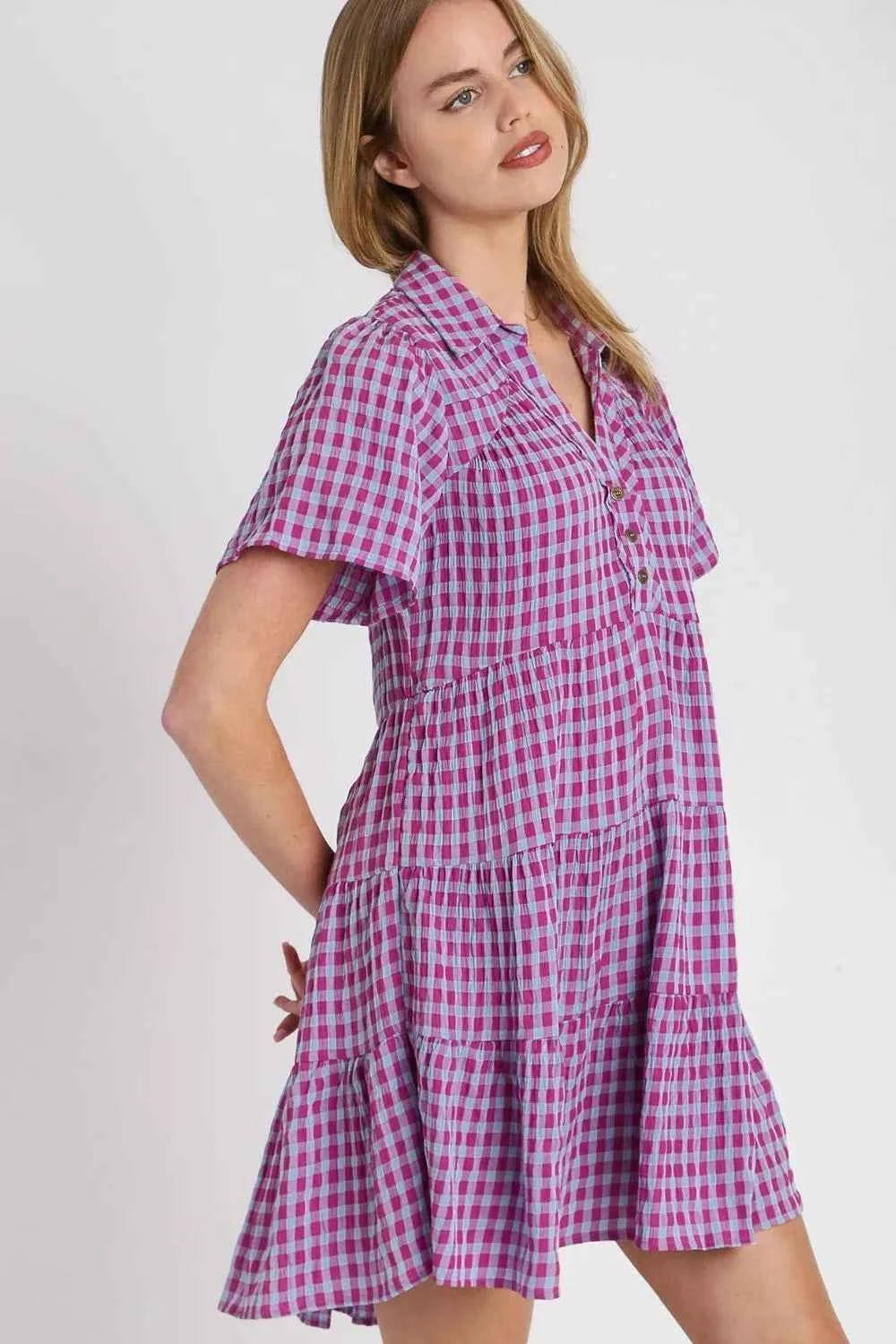 Umgee Full Size Gingham Tiered Button Detail Short Sleeve Dress Plus Size 6650a57b-eb9c-4cc2-a896-ac6b6ed0ed18-Max