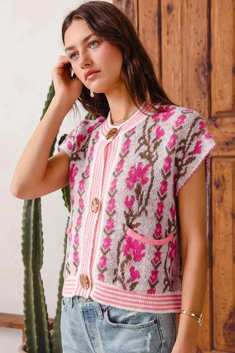 SO ME Button Front Floral and Stripe Knitted Sweater Vest 666e31a77b3c4232a7315ade10e3961c-Max-Origin