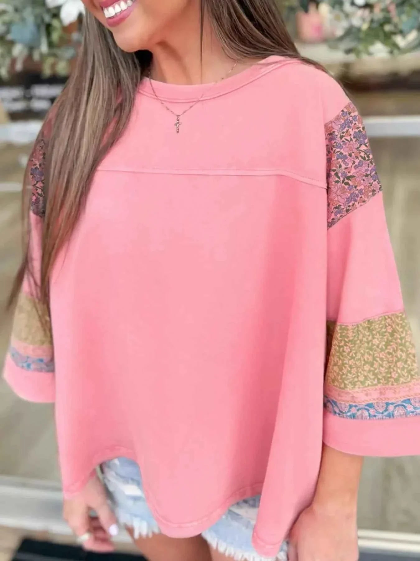 Floral Color Block Patchwork Long Sleeve Top Dusty Pink 667988ca-08fc-4523-ba17-02abf69ea27e-Max-Origin