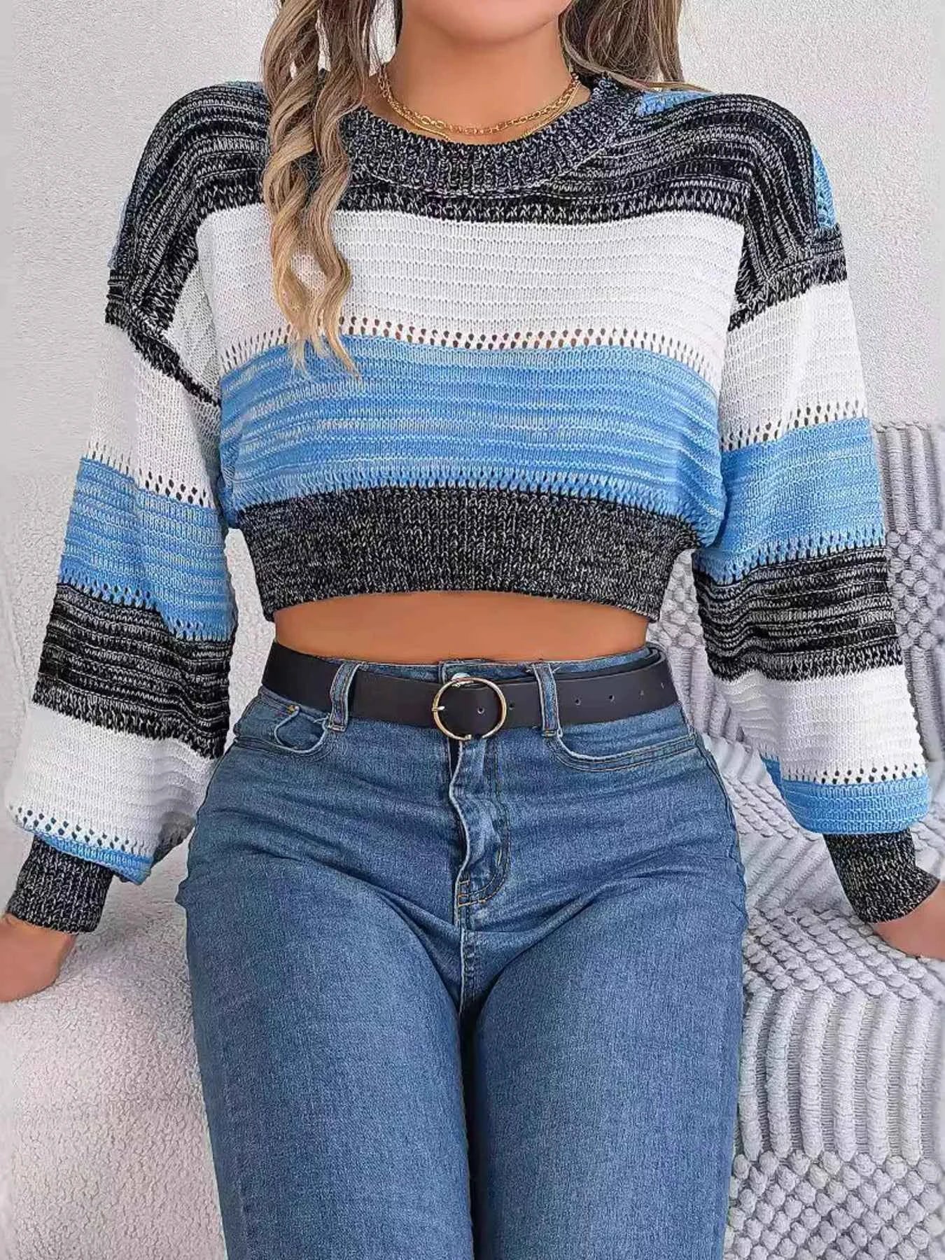 Cropped Striped Color Block Drop Shoulder Sweater Sky Blue 667b58774f7f473cb5c86a3ba7a93f8e-Max-Origin