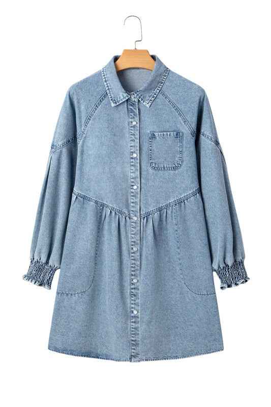 Denim Smocked Cuffs Shirt Mini Dress 667c154d-6a04-4ed7-9bd2-0864a3128b95