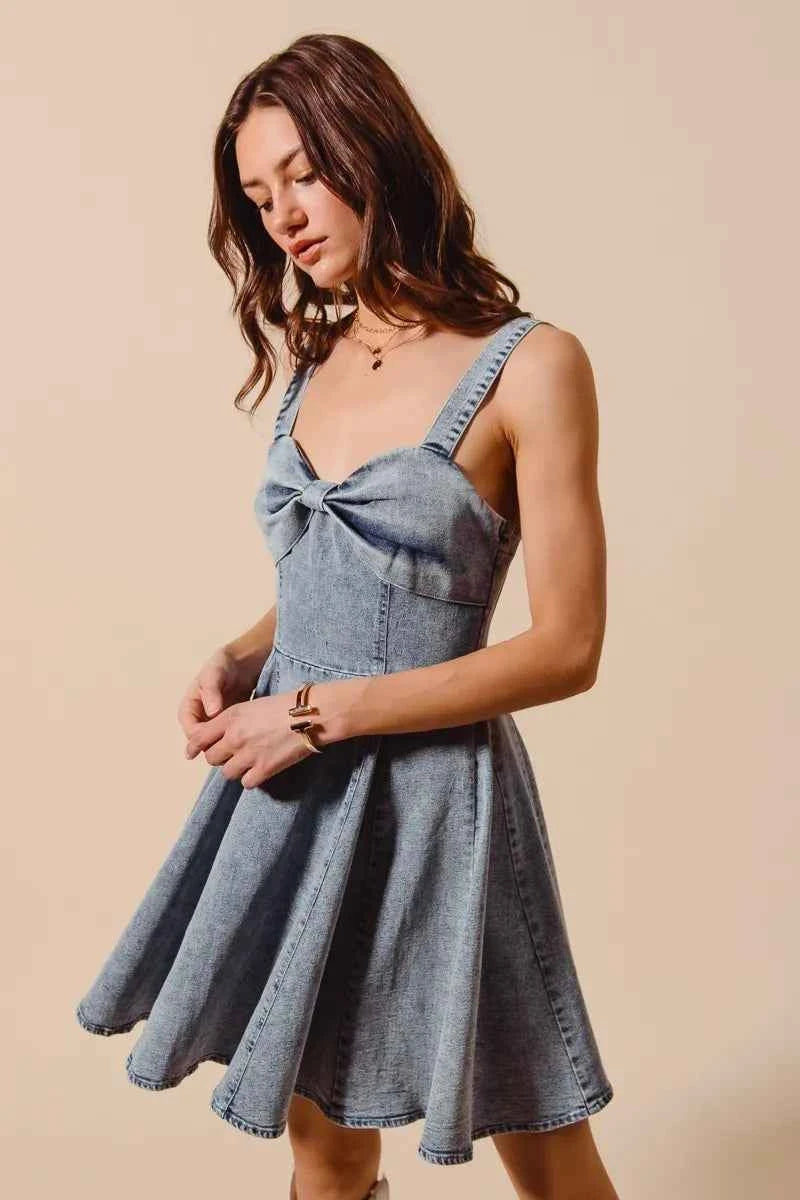SO ME Mineral Washed Bow Ribbon Denim Flare Dress 6681397440b2466888e46cd61ba599a1-Max-Origin