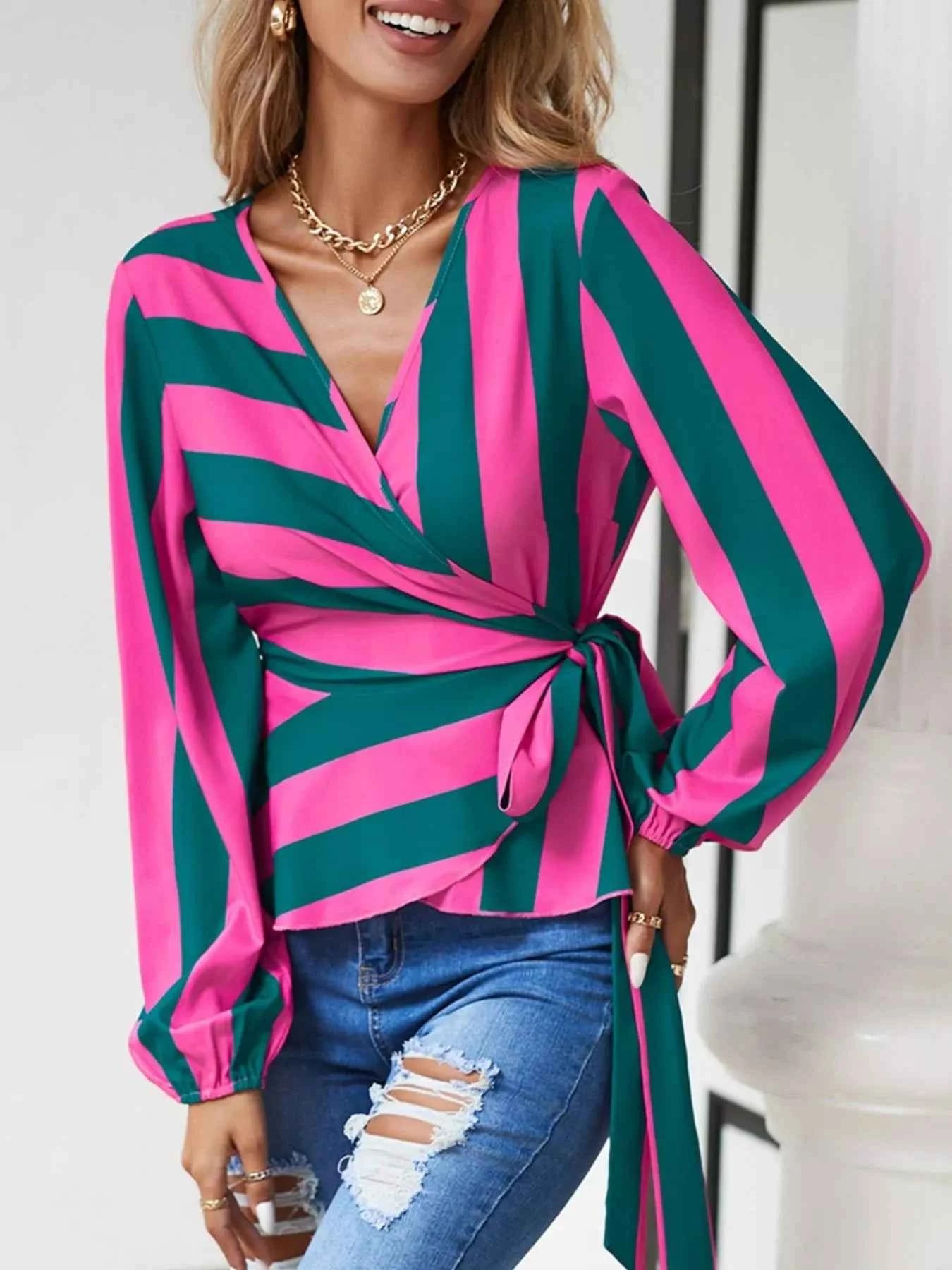 Striped Wrap Blouse with Tie Detail Hot Pink 66922101-be67-4897-94fd-6c86768fed82-Max-Origin