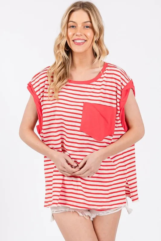 Ces Femme Side Slit Striped Cap Sleeve T-Shirt 669f5b47-8c98-43dd-90a1-fd4a52ac4972-Max