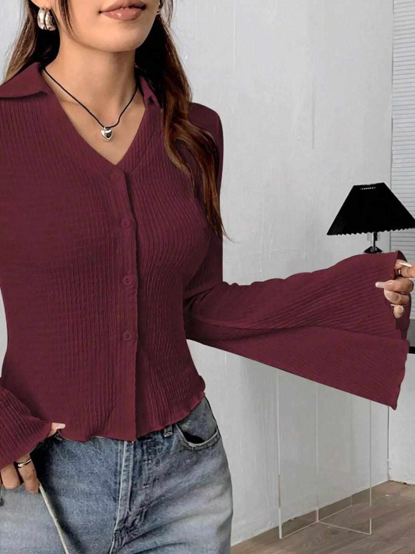 Button Up Flare Sleeve Shirt Burgundy 66b673ec-a6cf-4342-9f76-cdab65ba56f6-Max-Origin