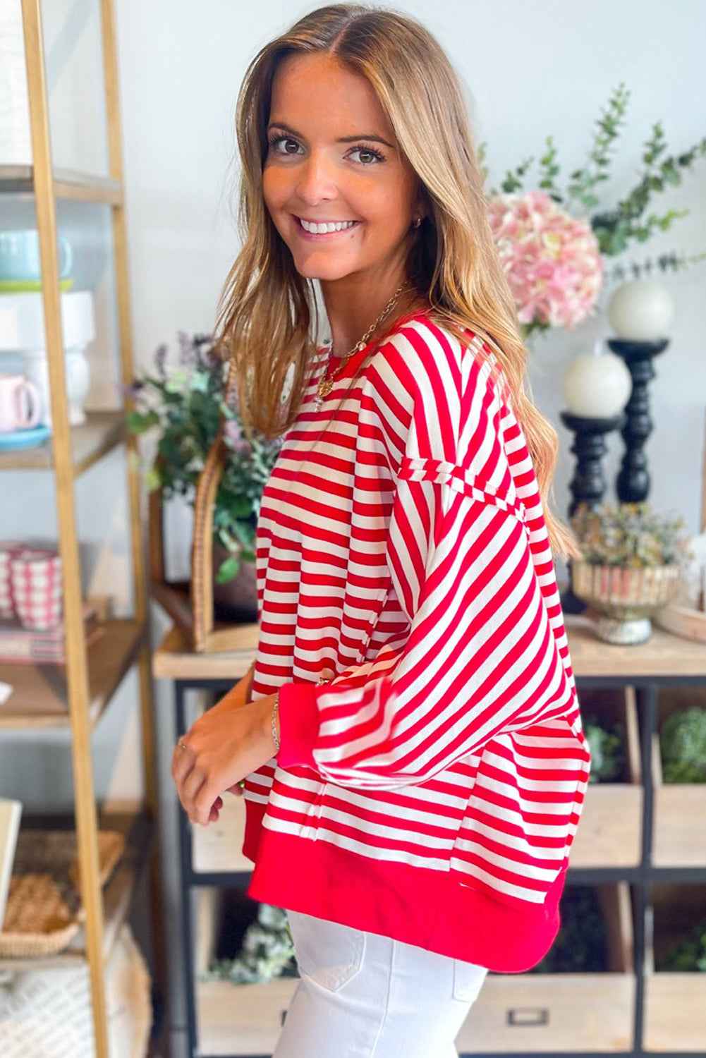 Red Striped Exposed Seam Drop Shoulder Long Sleeve Top 66bcea33ad2a6b9d