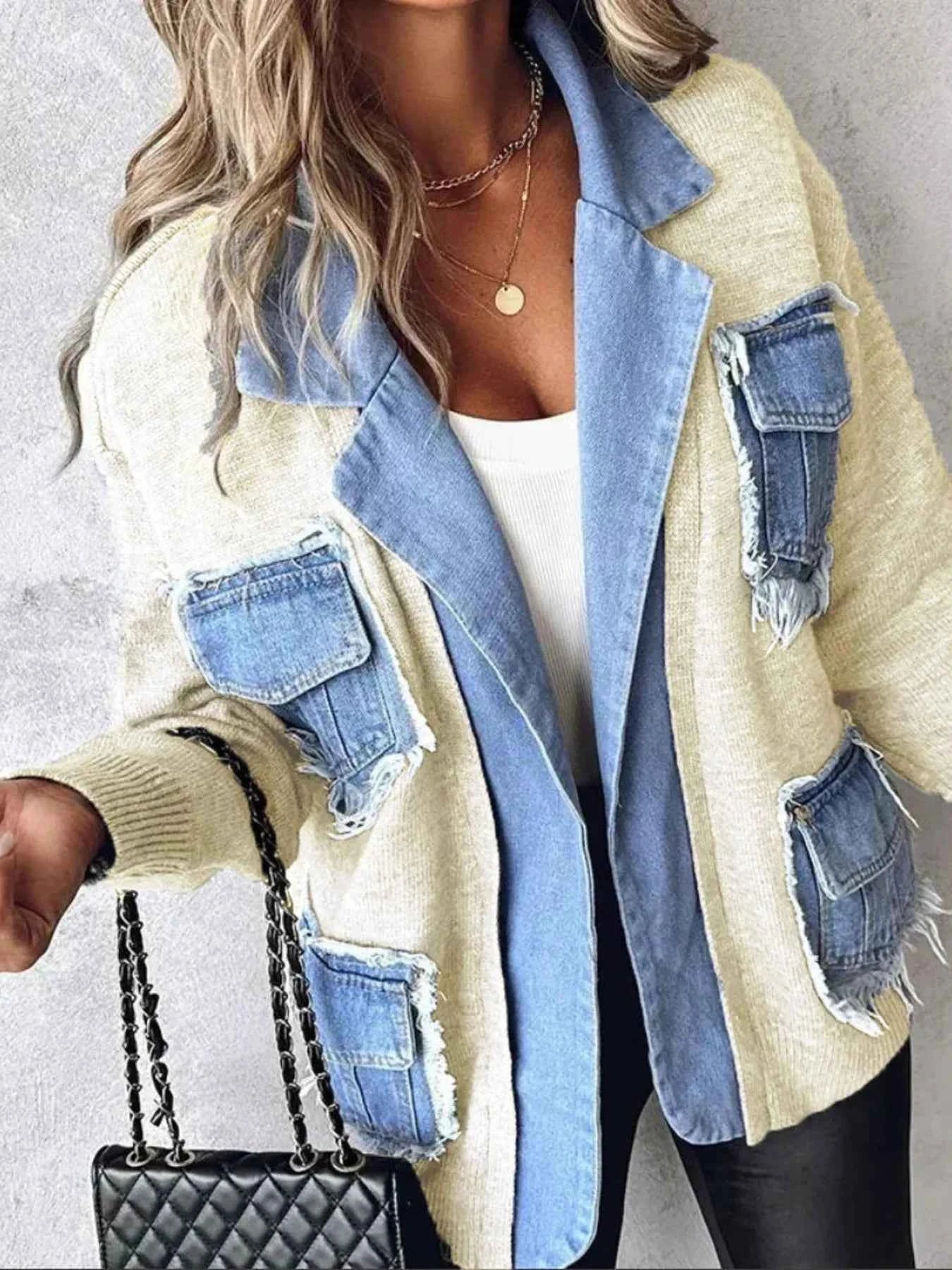 Raw Hem Denim Pocket Patchwork Cardigan Milky White 66caa1188eda43db905796cd4ad2d8c3-Max-Origin