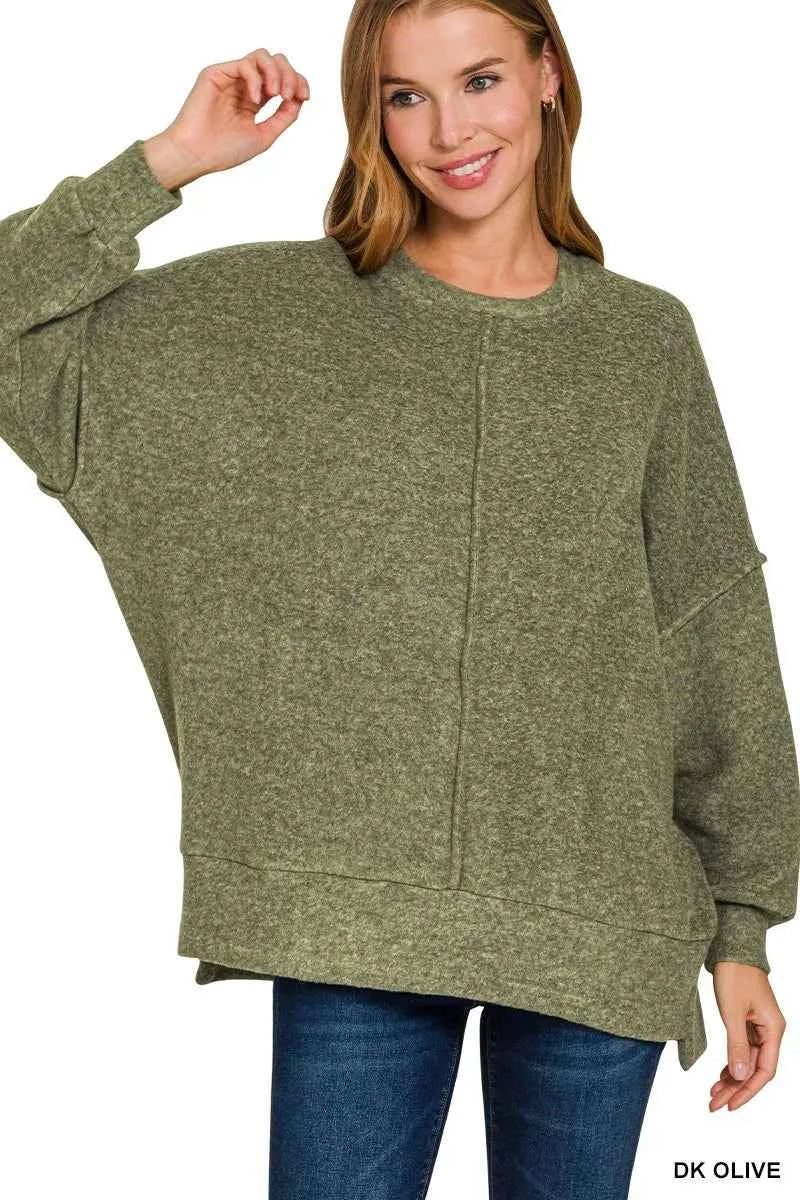 Zenana Brushed Melange Hacci Oversized Sweater DK OLIVE 66d6aca81ebe4527803a2520ca072bfb-Max-Origin