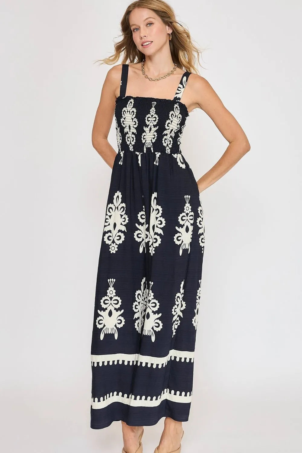 Umgee Full Size Smocked Printed Wide Leg Jumpsuit Plus Size Dark Navy 66d7ddf1-f61c-4a13-a93a-b10c07cb5b11-Max-Origin