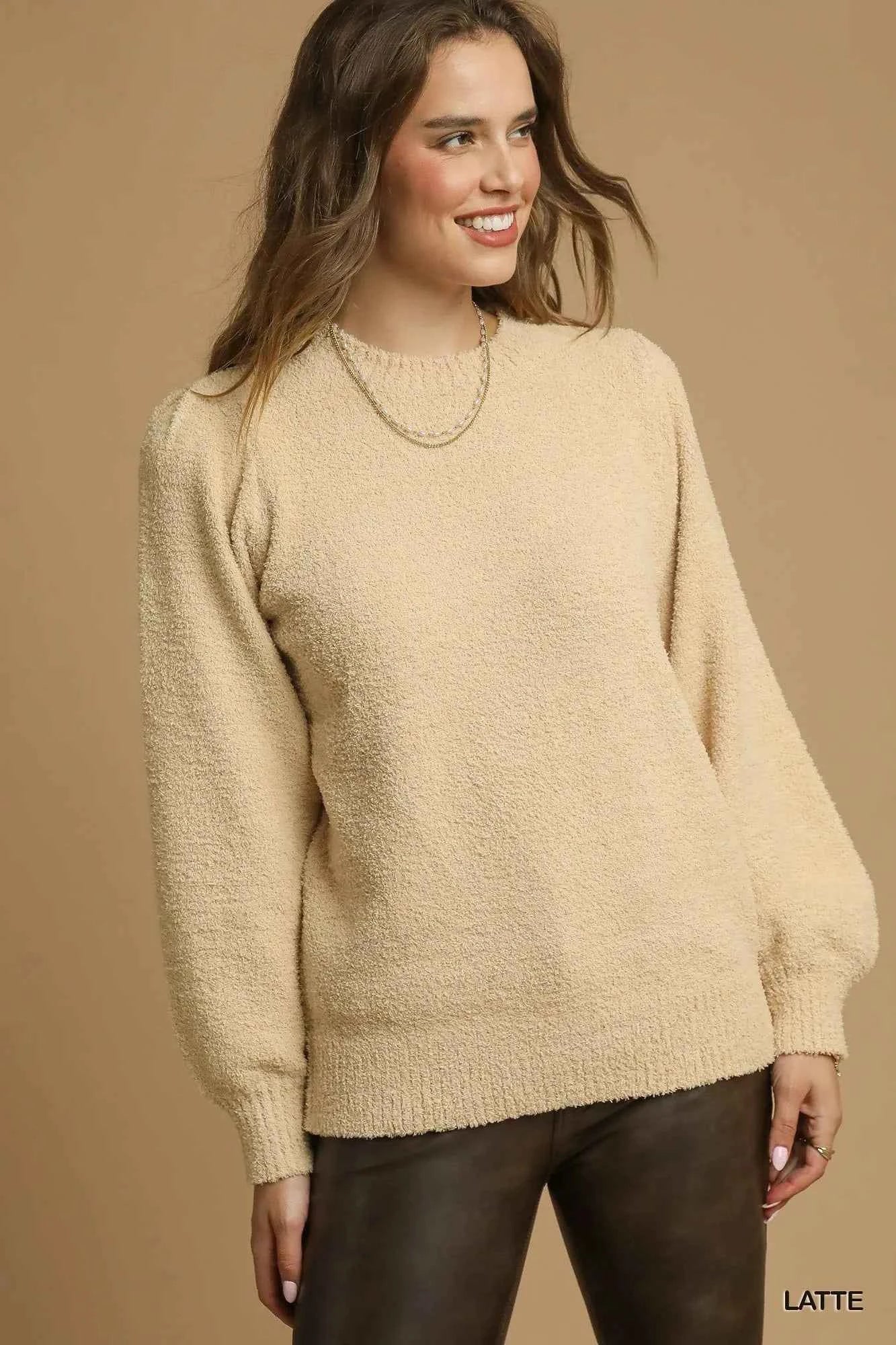 Umgee Textured Long Sleeve Sweater with Ribbed Trim LATTE 66de9388-bac1-4c74-9f5c-14e6bcccba82-Max-Origin