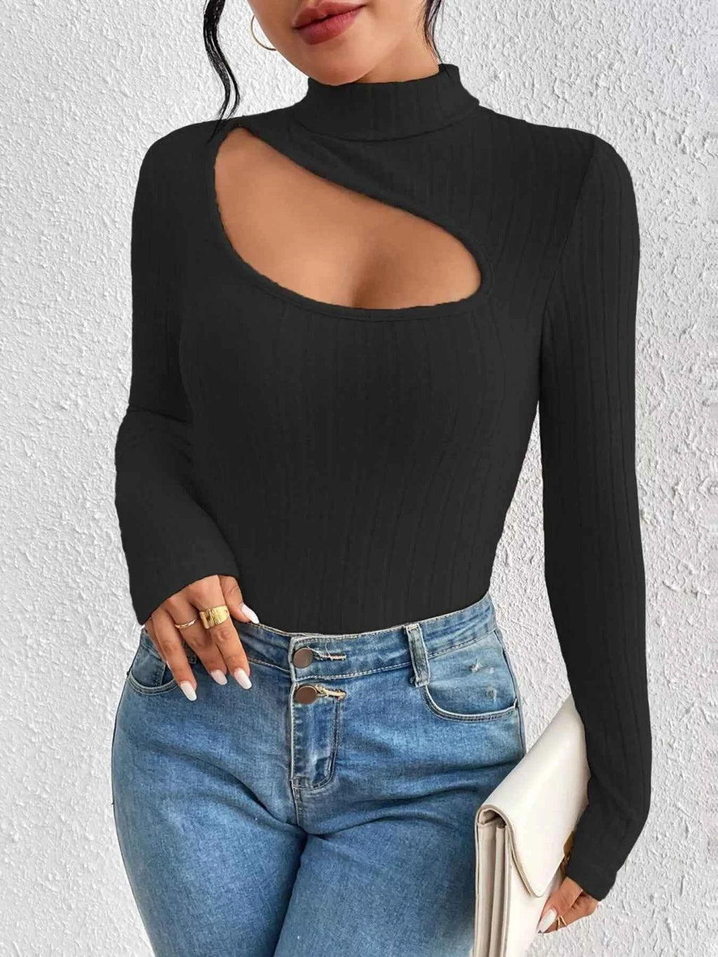 Ribbed Turtleneck Cutout Long Sleeve T-Shirt 66ea69c03f0a4a04a492f5d9a99b7866-Max-Origin