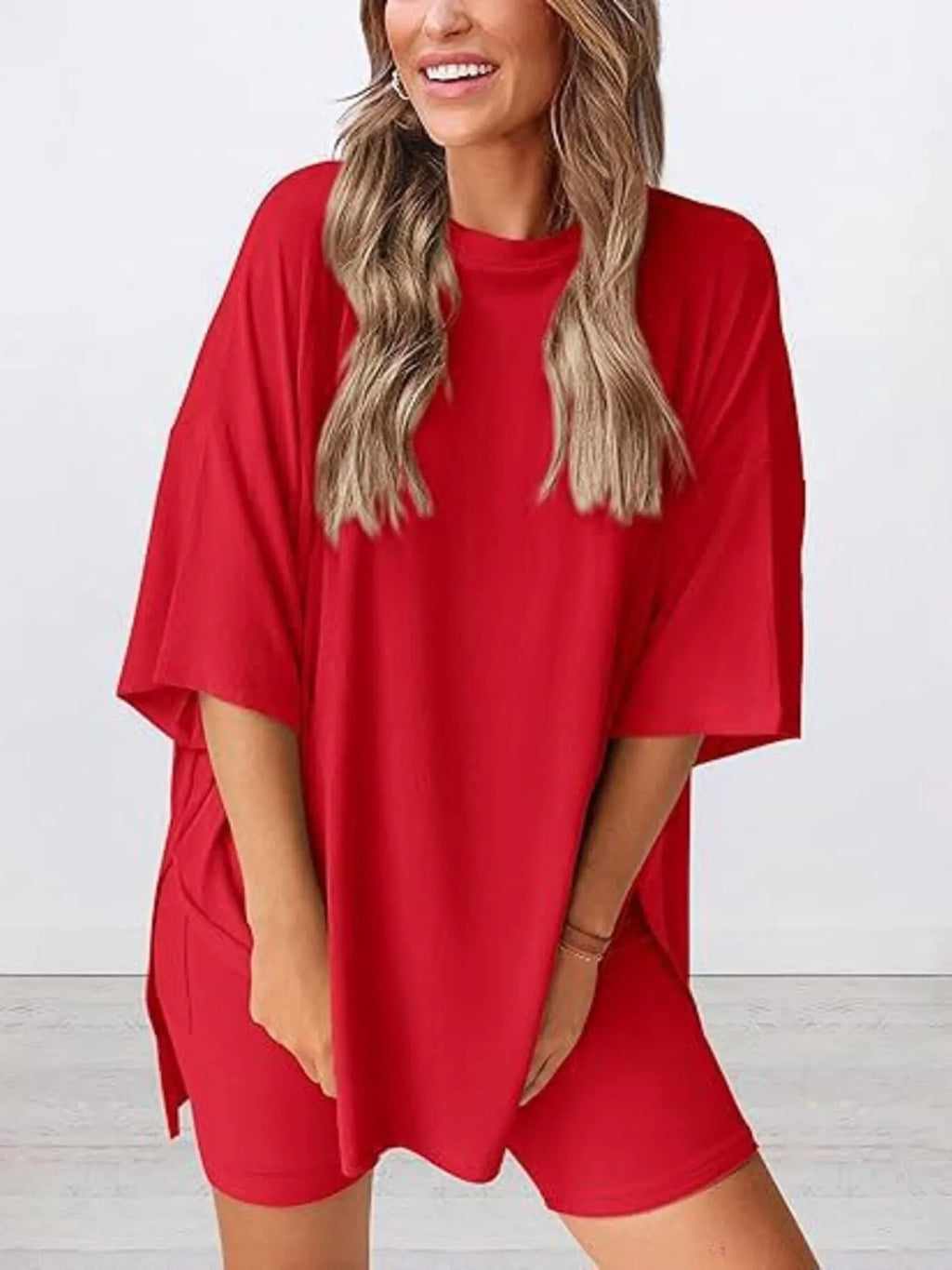 Full Size Oversized Slit Round Neck Top and Shorts Lounge Set Plus Size 67278fb699384749bb164fbd44983371-Max-Origin