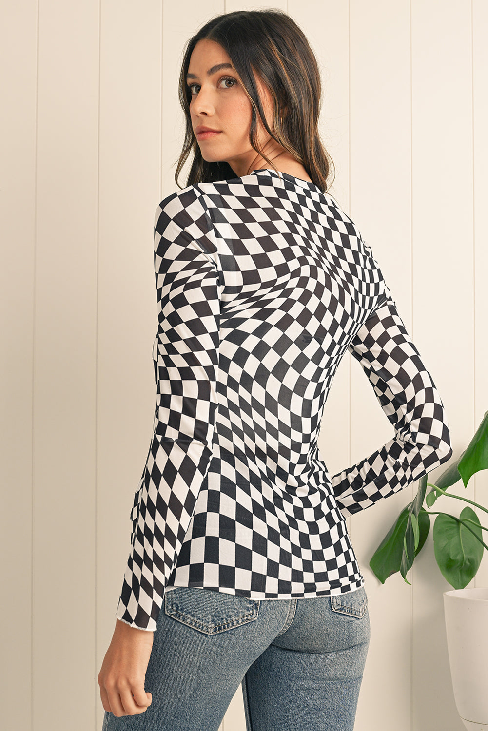 Black Checkered Pattern Mesh Long Sleeve Top 672cdba37b828e5c