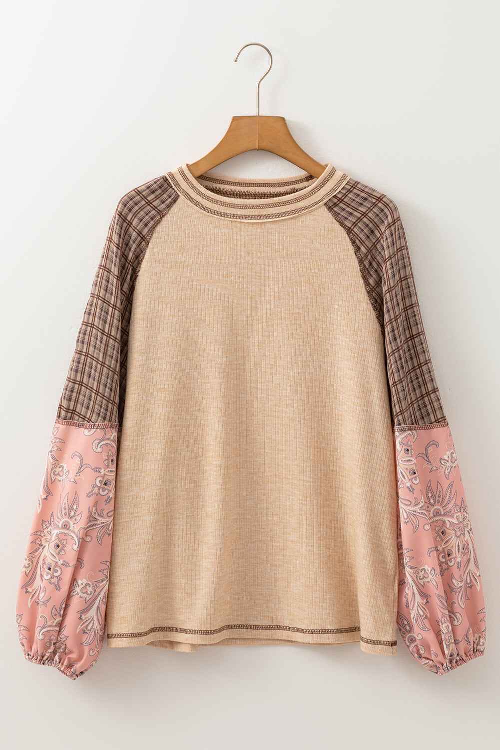 Jet Stream Floral Plaid Mixed Print Patchwork Raglan Ribbed Top 672ff94a5bae3d20