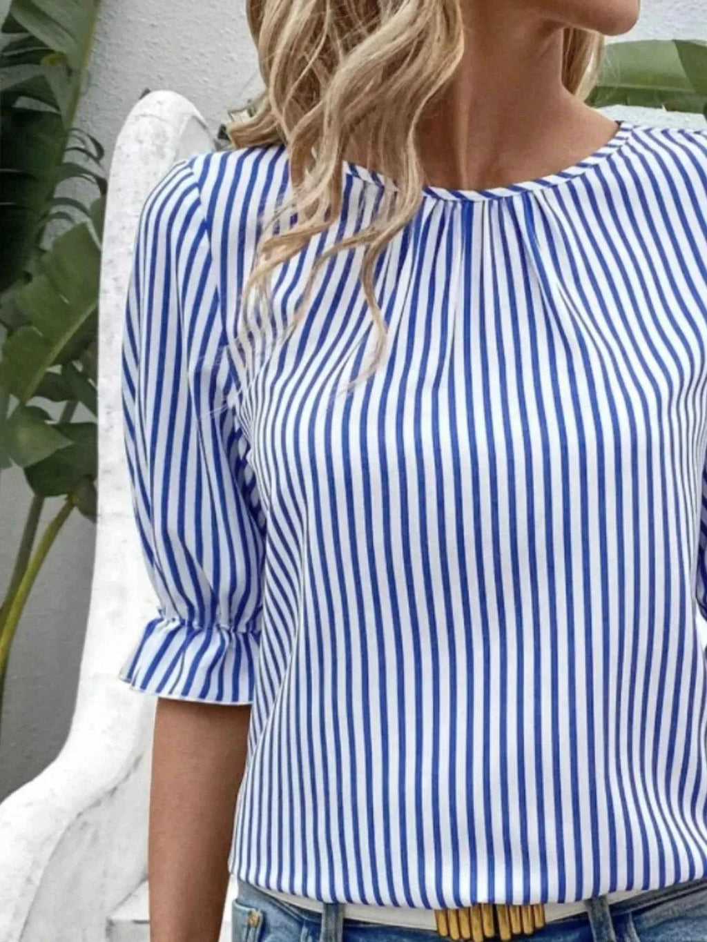 Striped Round Neck Half Sleeve Casual Blouse 673a3b5c-02d7-49d9-b32a-5fab42297aaa-Max-Origin